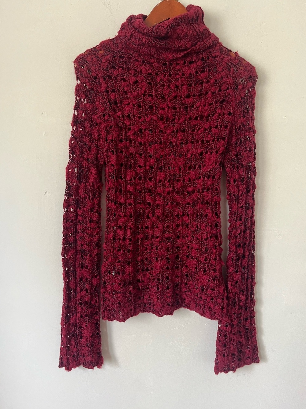 Link Burgundy Red Open Knit Wool Blend Turtleneck Sweater Boho trendy Grunge S
